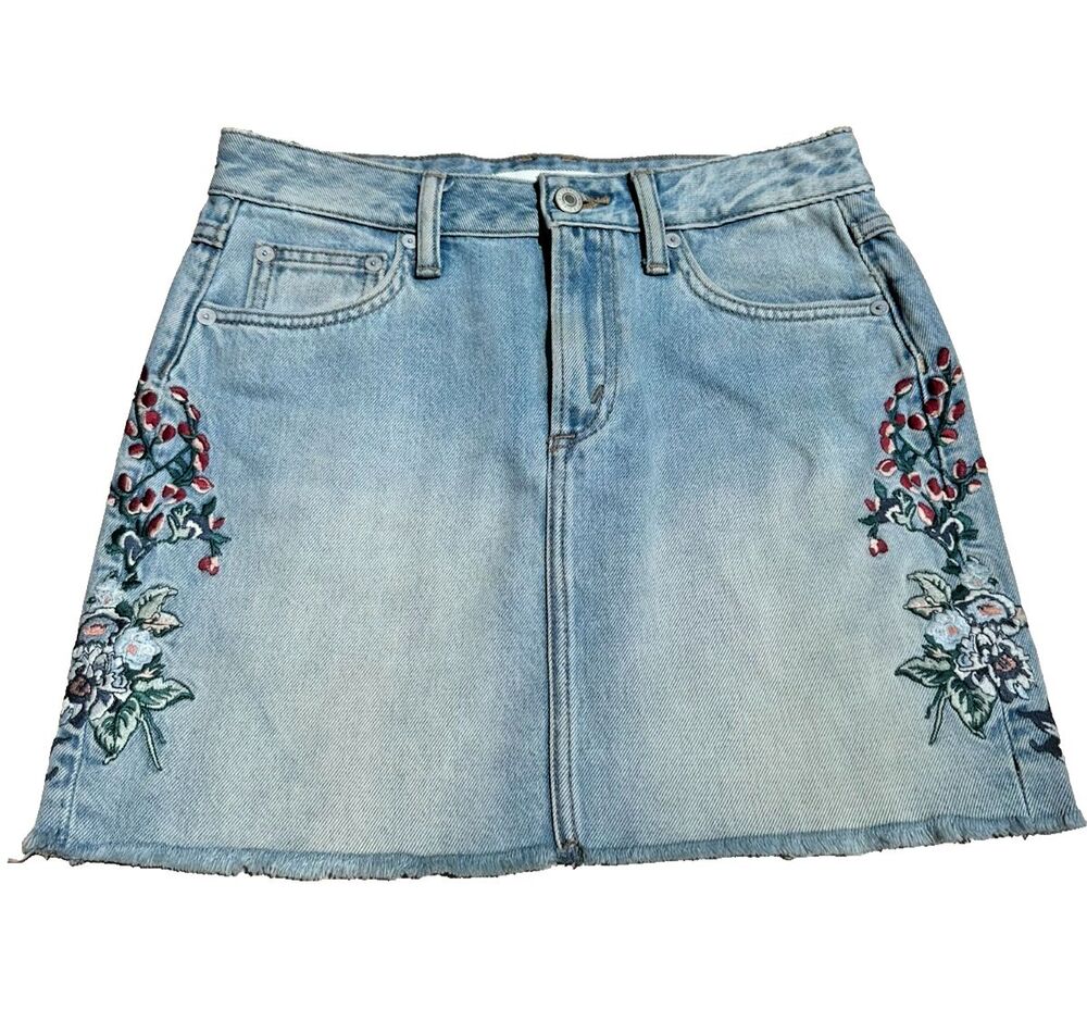 Tularosa Floral Denim Mini Skirt Distressed Cottagecore Boho Prairie Western 24